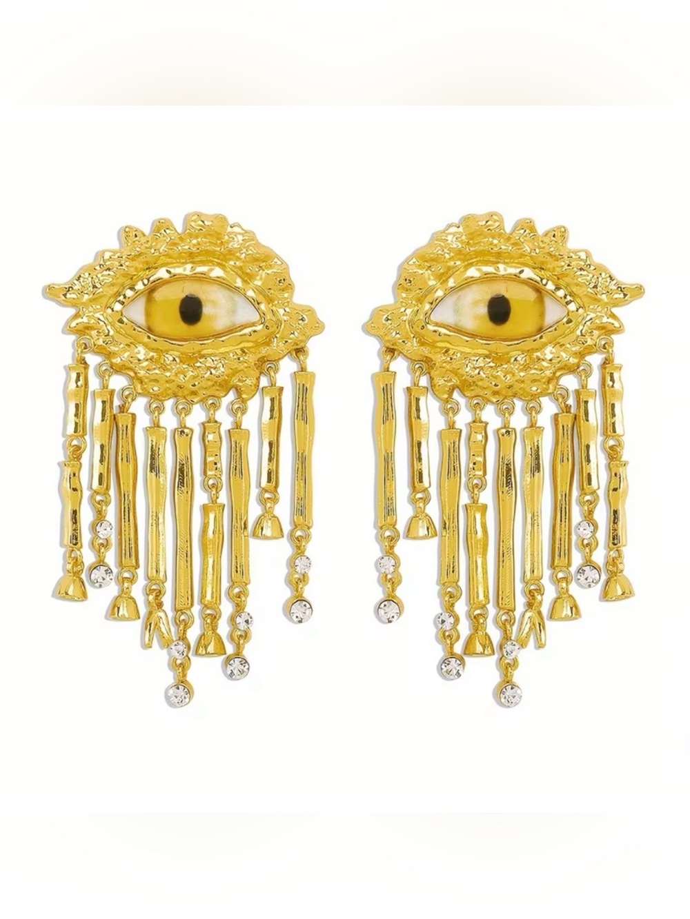 Schiaparelli Inspired Gold Eye Fringe Drop Earrings